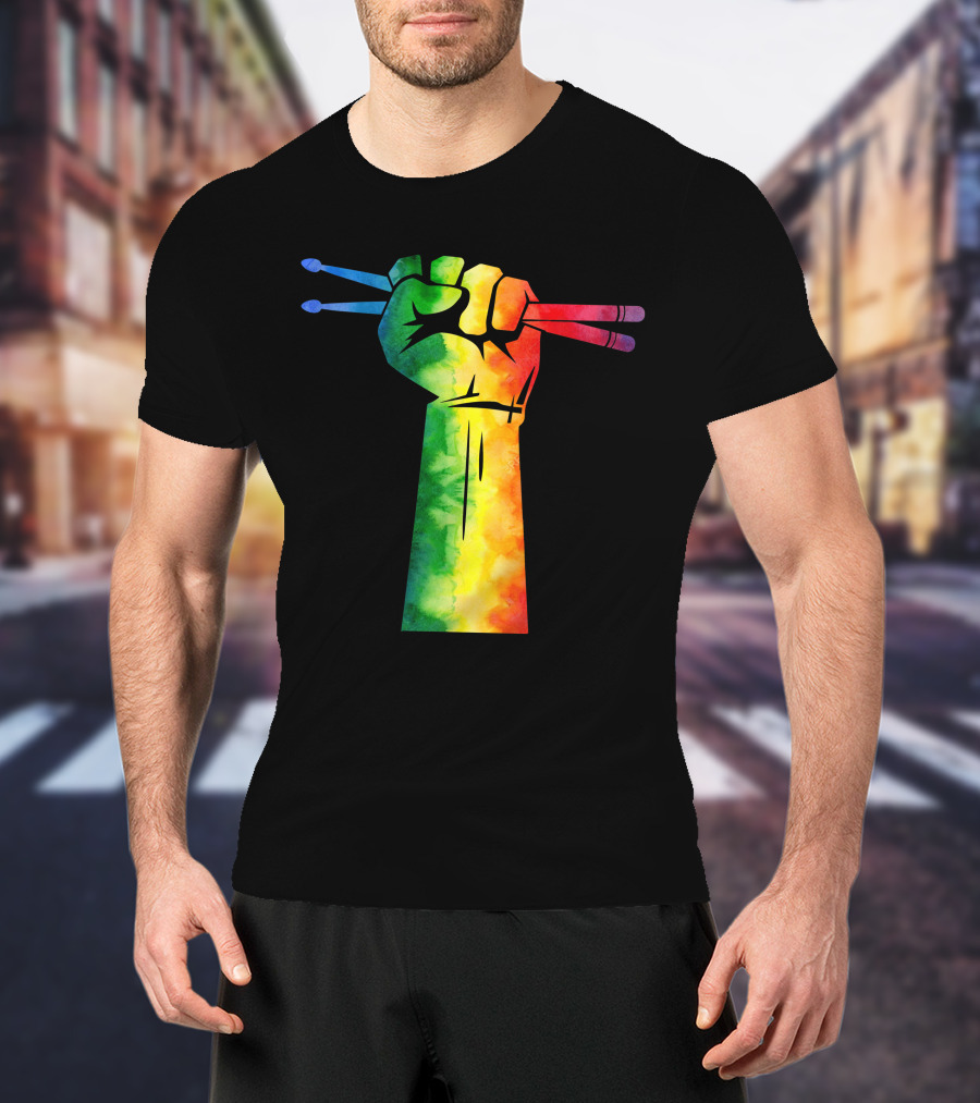 Drumstick Drummer Rainbow Fist T-Shirt