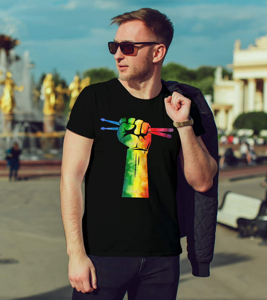 Drumstick Drummer Rainbow Fist T-Shirt