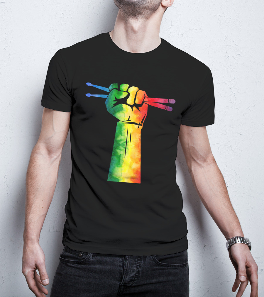 Drumstick Drummer Rainbow Fist T-Shirt