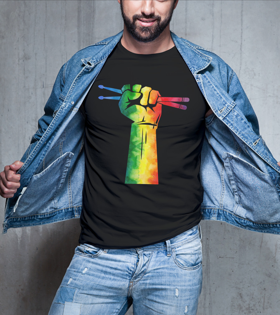 Drumstick Drummer Rainbow Fist T-Shirt