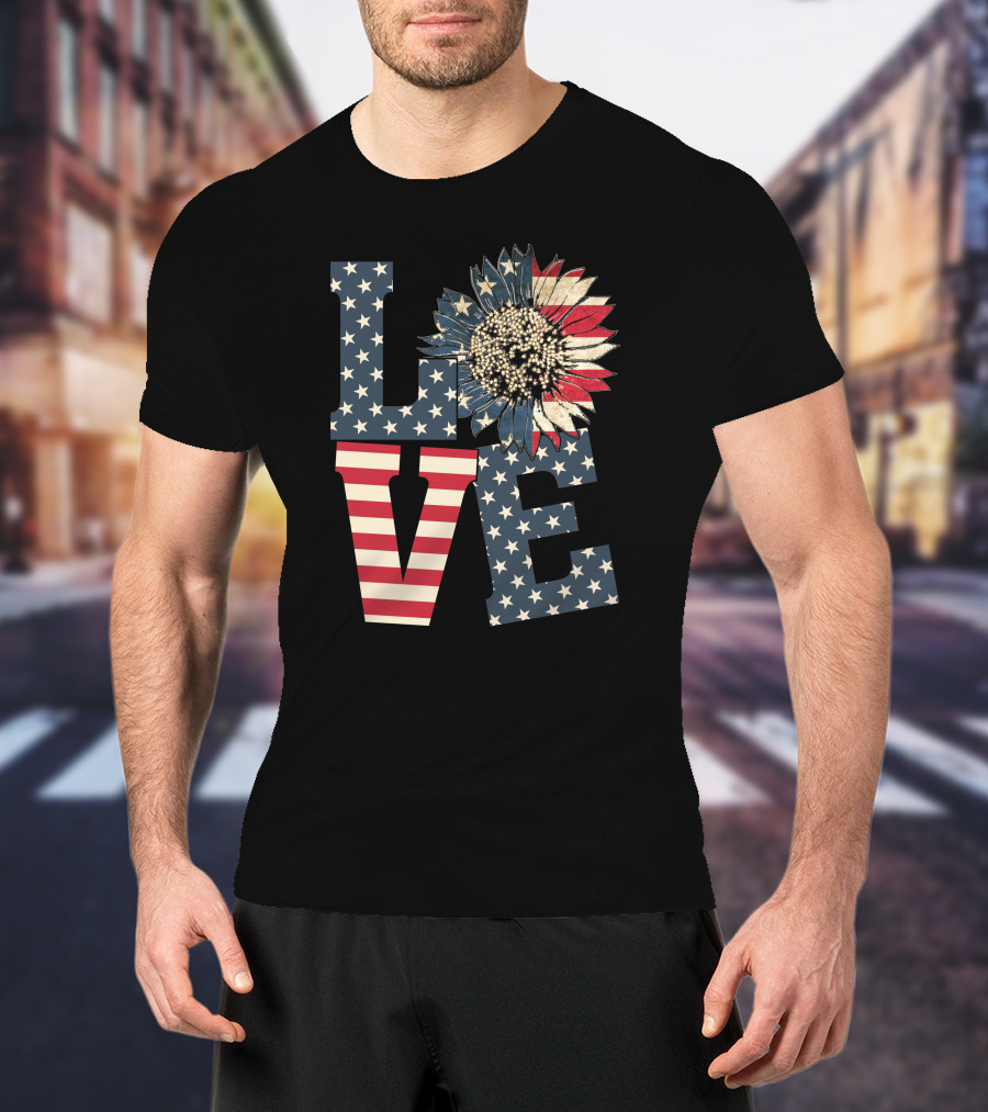 Sunflower Love American Flag Stars And Stripes Flower T-Shirt