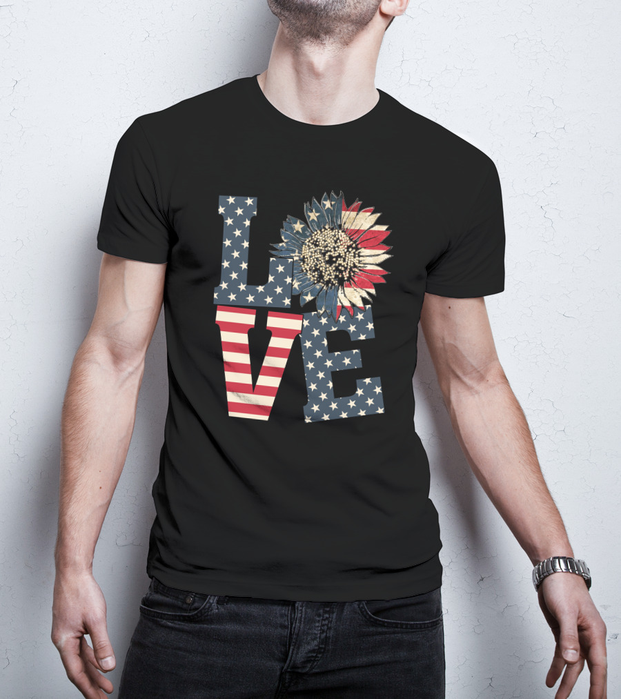 Sunflower Love American Flag Stars And Stripes Flower T-Shirt