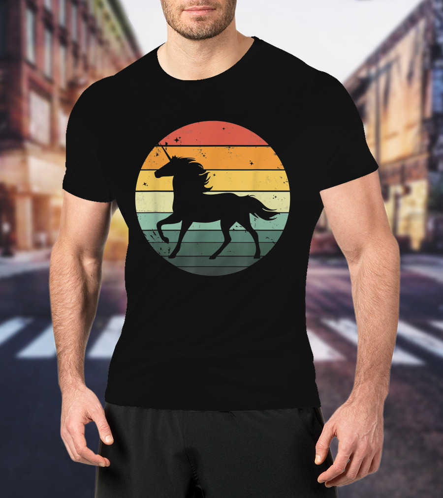 Unicorn Silhouette Against Retro 70s Sunset Stripes T-Shirt