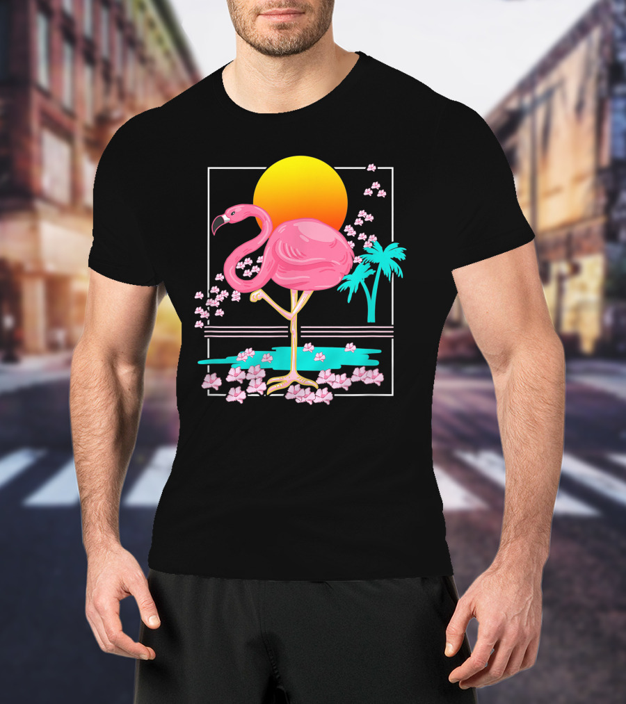Flamingo Tropical Flowers And Sunset Scene T-Shirt