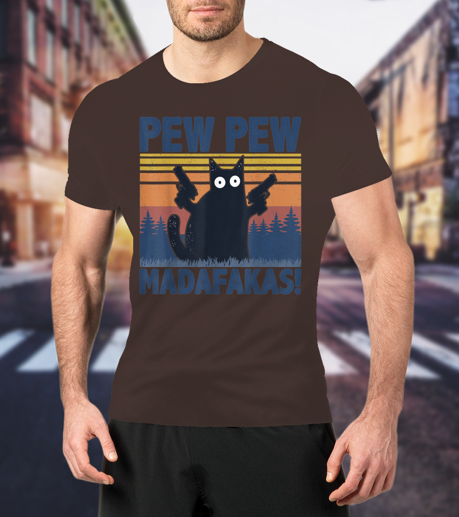 Pew Pew Madafakas Funny Vintage Cat With Guns Retro Forest Background T-Shirt