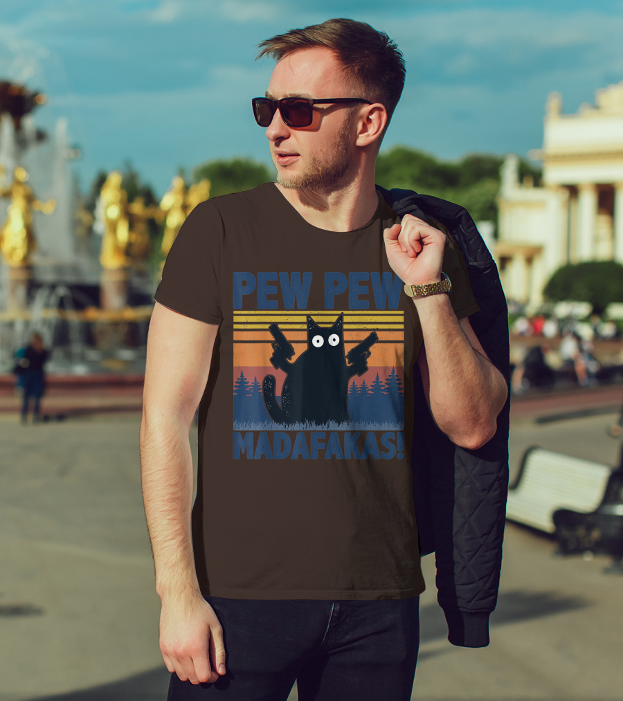Pew Pew Madafakas Funny Vintage Cat With Guns Retro Forest Background T-Shirt
