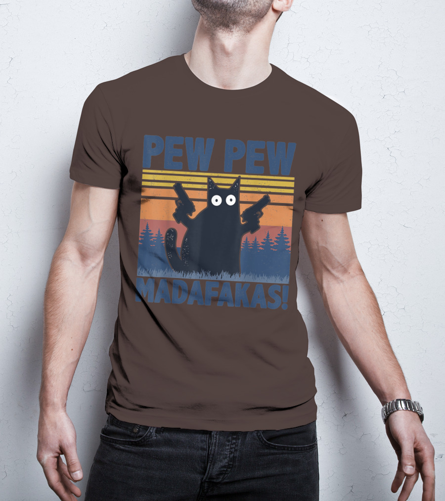 Pew Pew Madafakas Funny Vintage Cat With Guns Retro Forest Background T-Shirt