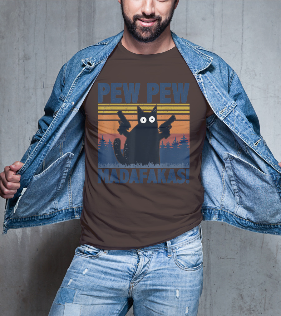 Pew Pew Madafakas Funny Vintage Cat With Guns Retro Forest Background T-Shirt