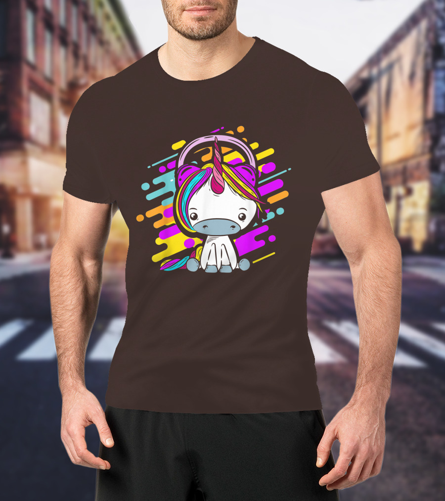 Cute Rainbow Unicorn Headphones Music T-Shirt