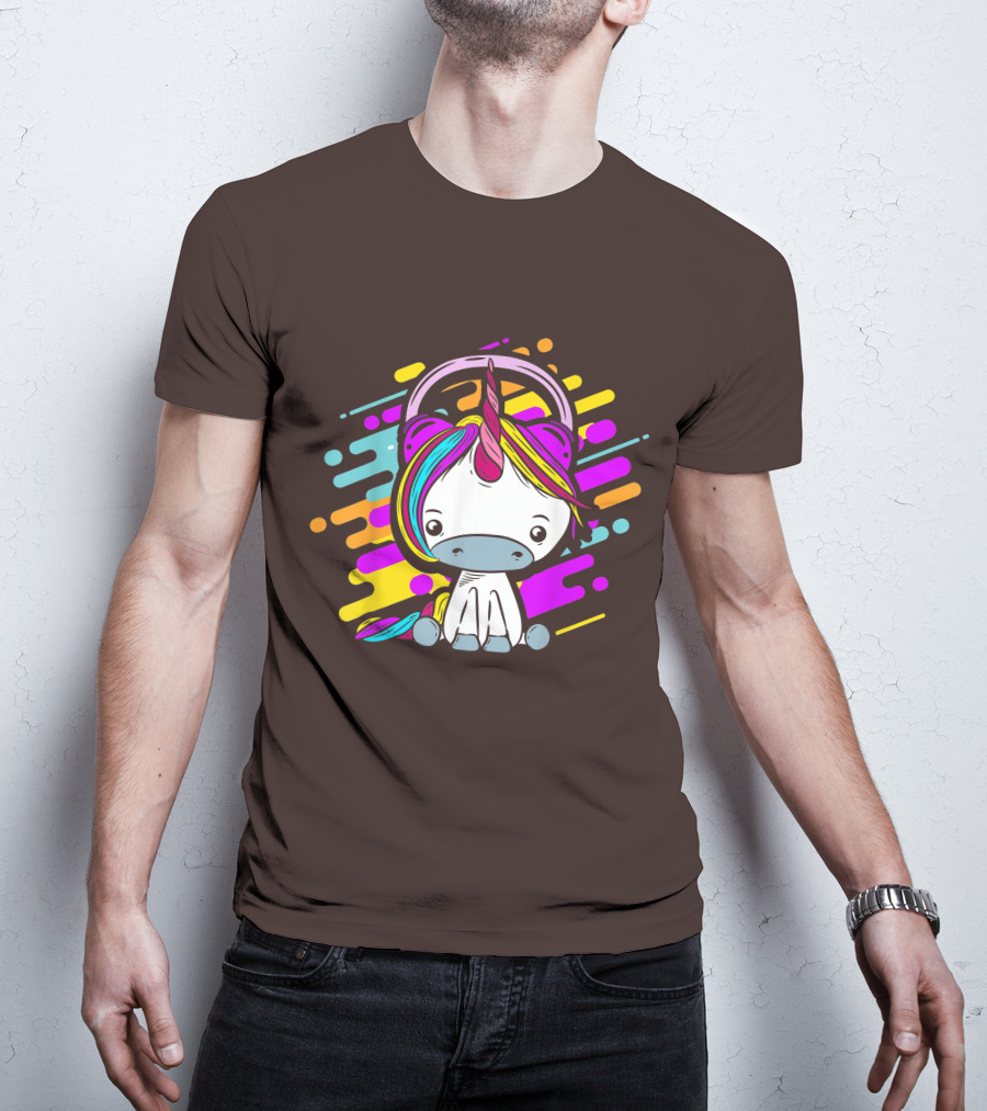 Cute Rainbow Unicorn Headphones Music T-Shirt