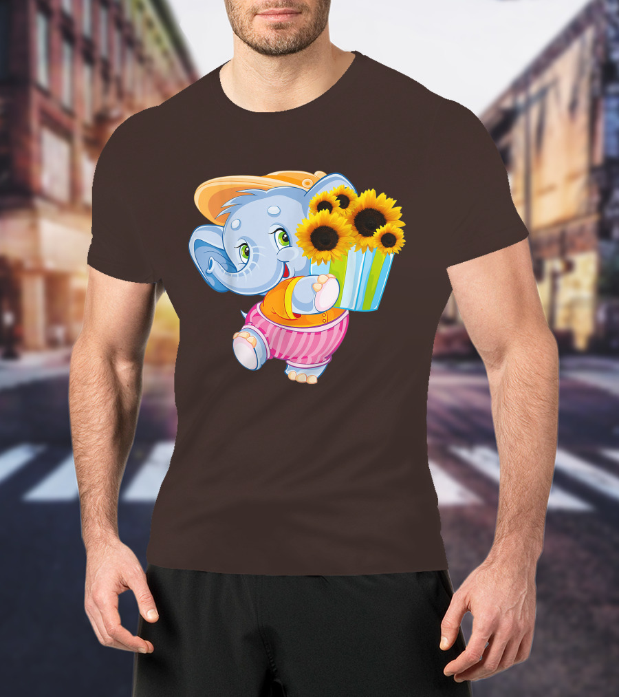 Cute Baby Elephant With Sunflowers And Pink Striped Shorts T-Shirt