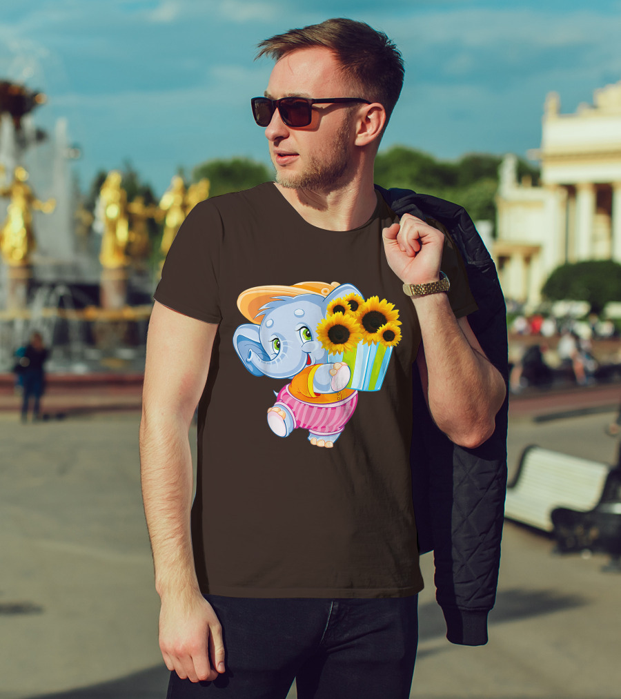 Cute Baby Elephant With Sunflowers And Pink Striped Shorts T-Shirt