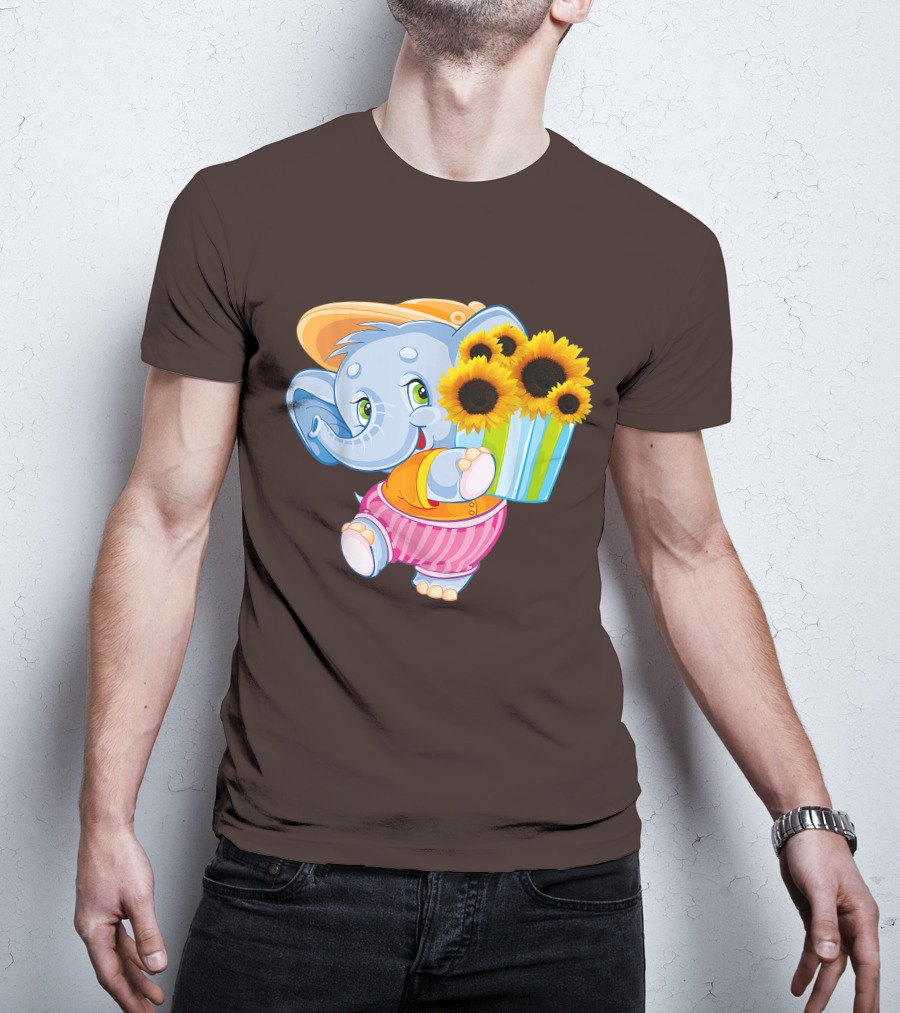 Cute Baby Elephant With Sunflowers And Pink Striped Shorts T-Shirt