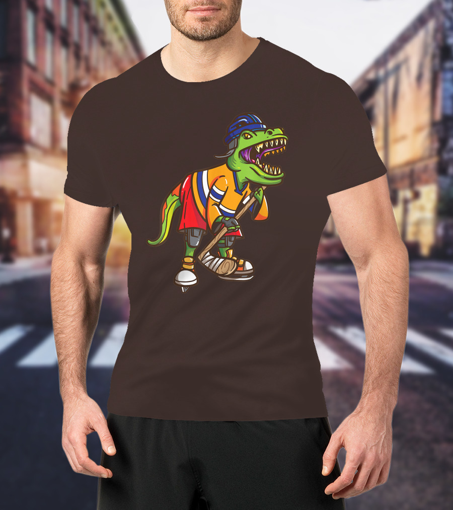 Roller Skates Hockey Dinosaur In Uniform With Stick And Helmet T-Shirt