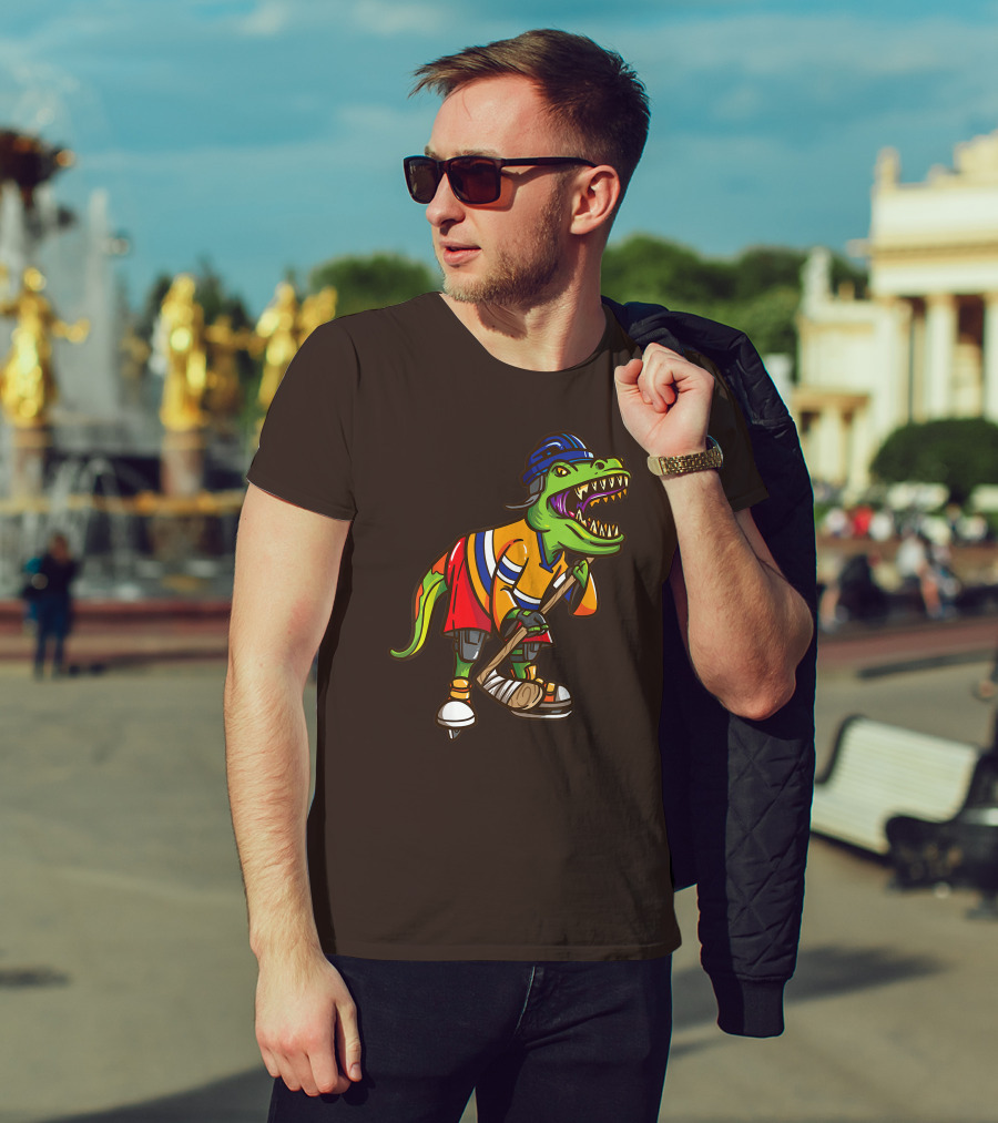 Roller Skates Hockey Dinosaur In Uniform With Stick And Helmet T-Shirt