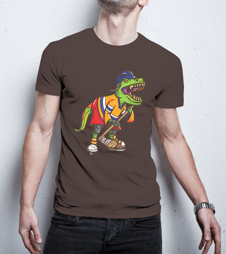 Roller Skates Hockey Dinosaur In Uniform With Stick And Helmet T-Shirt