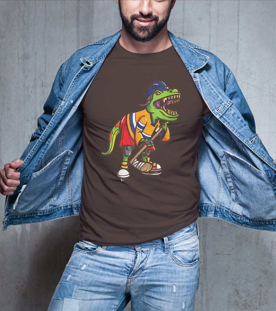Roller Skates Hockey Dinosaur In Uniform With Stick And Helmet T-Shirt