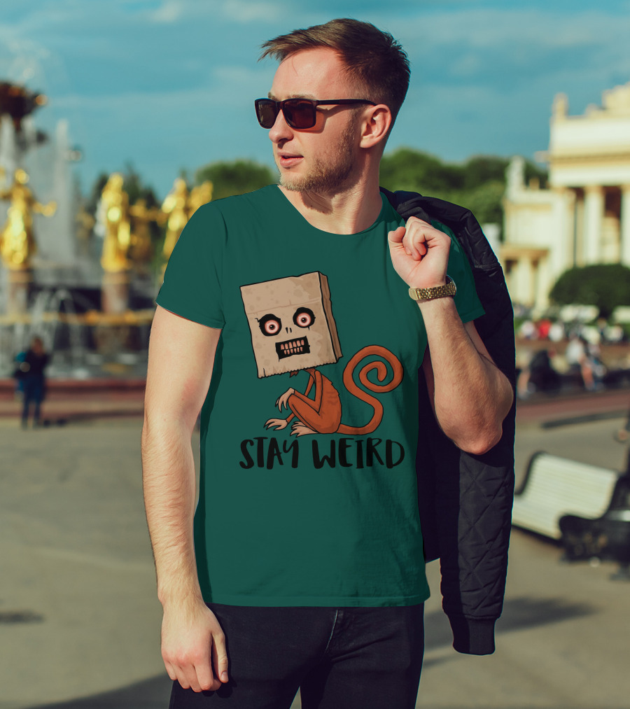 Stay Weird Sack Monkey Creepy Box Head Cartoon T-Shirt