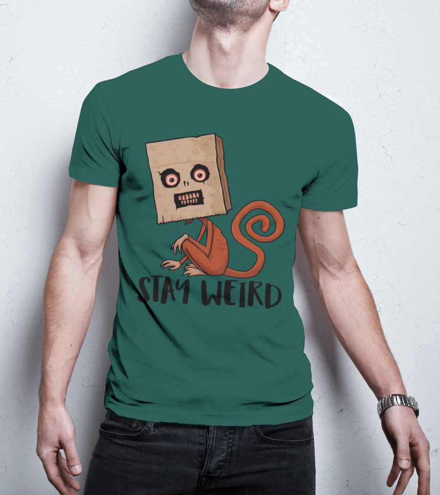 Stay Weird Sack Monkey Creepy Box Head Cartoon T-Shirt
