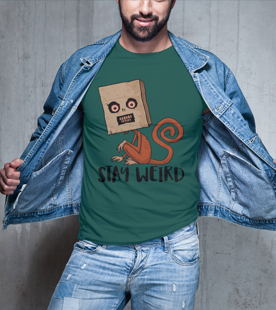 Stay Weird Sack Monkey Creepy Box Head Cartoon T-Shirt