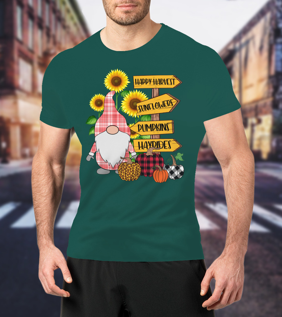 Happy Harvest Sunflowers Pumpkins Hayrides Gnome T-Shirt