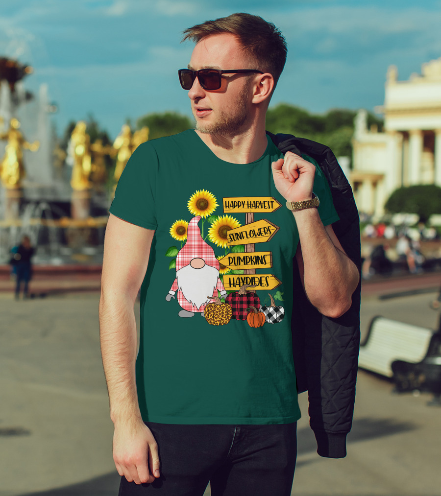 Happy Harvest Sunflowers Pumpkins Hayrides Gnome T-Shirt