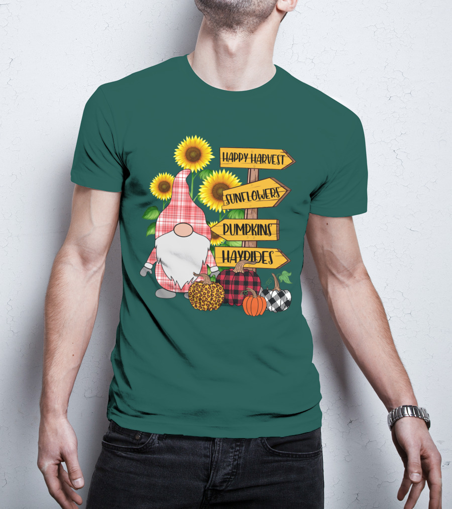 Happy Harvest Sunflowers Pumpkins Hayrides Gnome T-Shirt