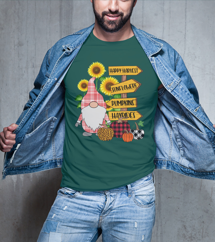 Happy Harvest Sunflowers Pumpkins Hayrides Gnome T-Shirt