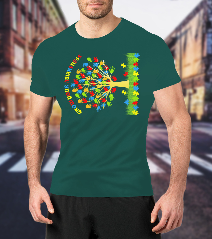 Grow Your Awareness Tree Of Colored Hands And Puzzle Pieces T-Shirt