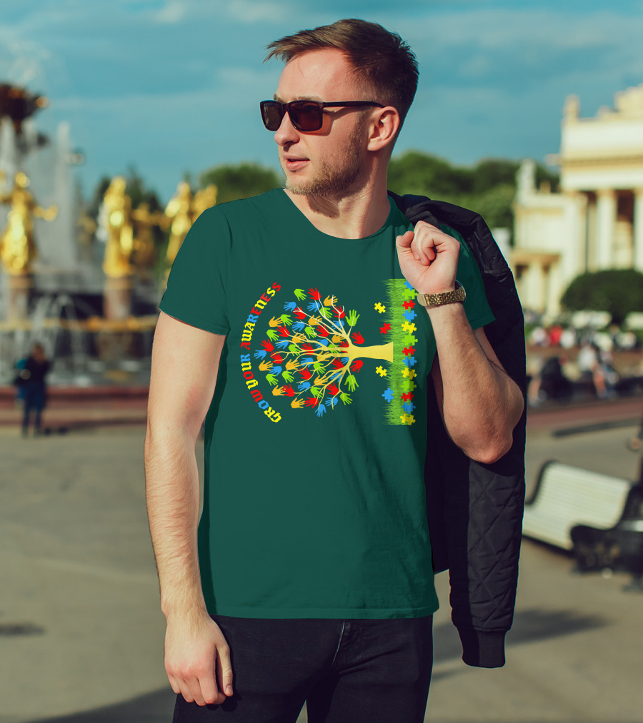 Grow Your Awareness Tree Of Colored Hands And Puzzle Pieces T-Shirt