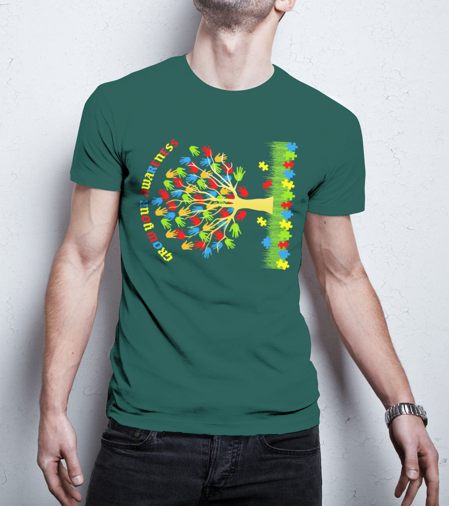 Grow Your Awareness Tree Of Colored Hands And Puzzle Pieces T-Shirt