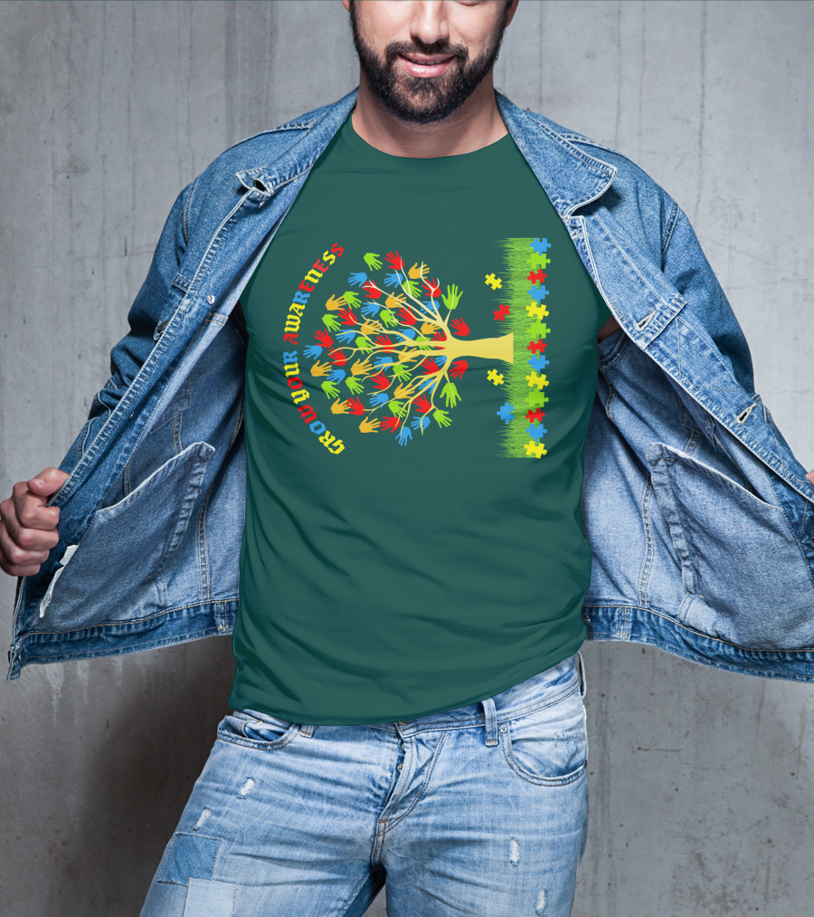 Grow Your Awareness Tree Of Colored Hands And Puzzle Pieces T-Shirt