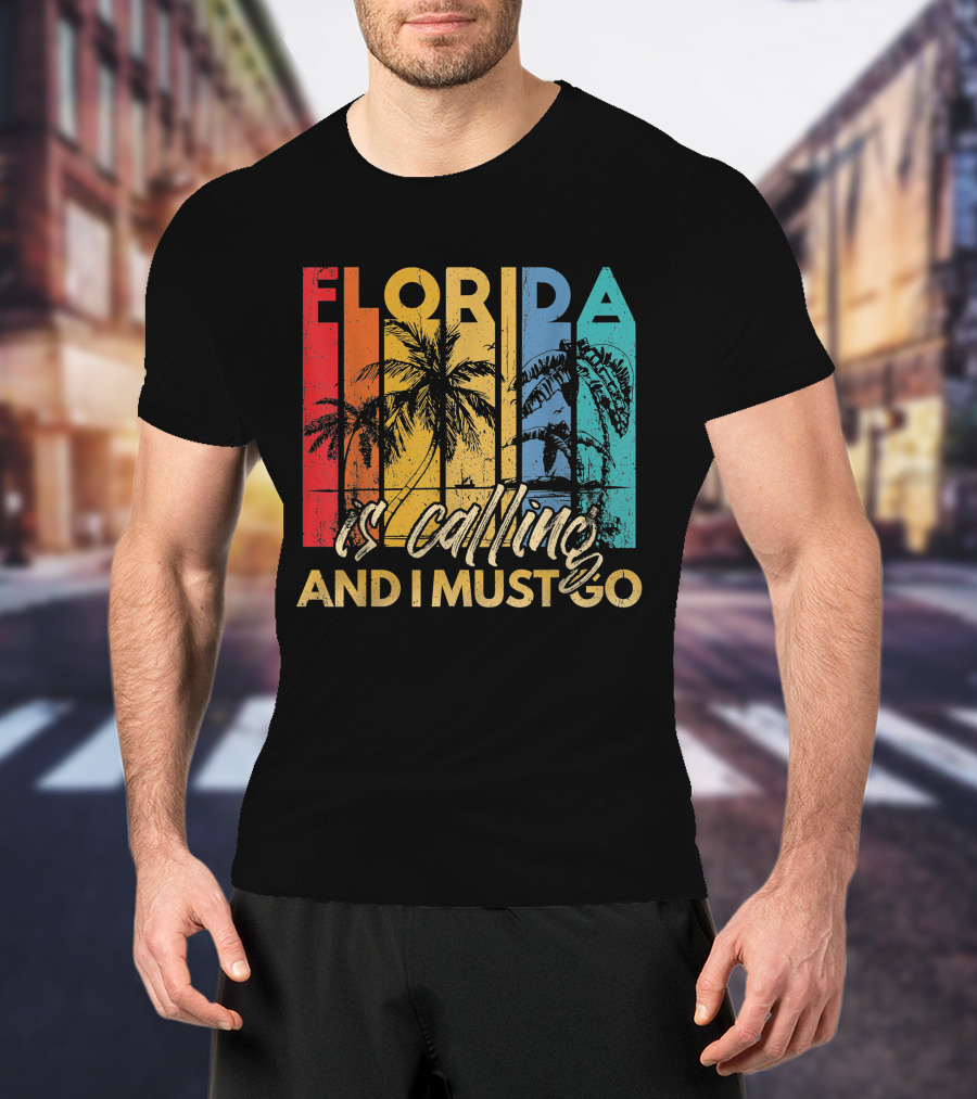 Florida Is Calling And I Must Go Beach Vacation Summer Retro Palm Trees T-Shirt