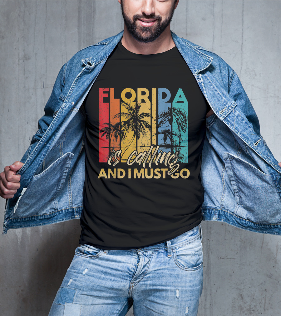 Florida Is Calling And I Must Go Beach Vacation Summer Retro Palm Trees T-Shirt