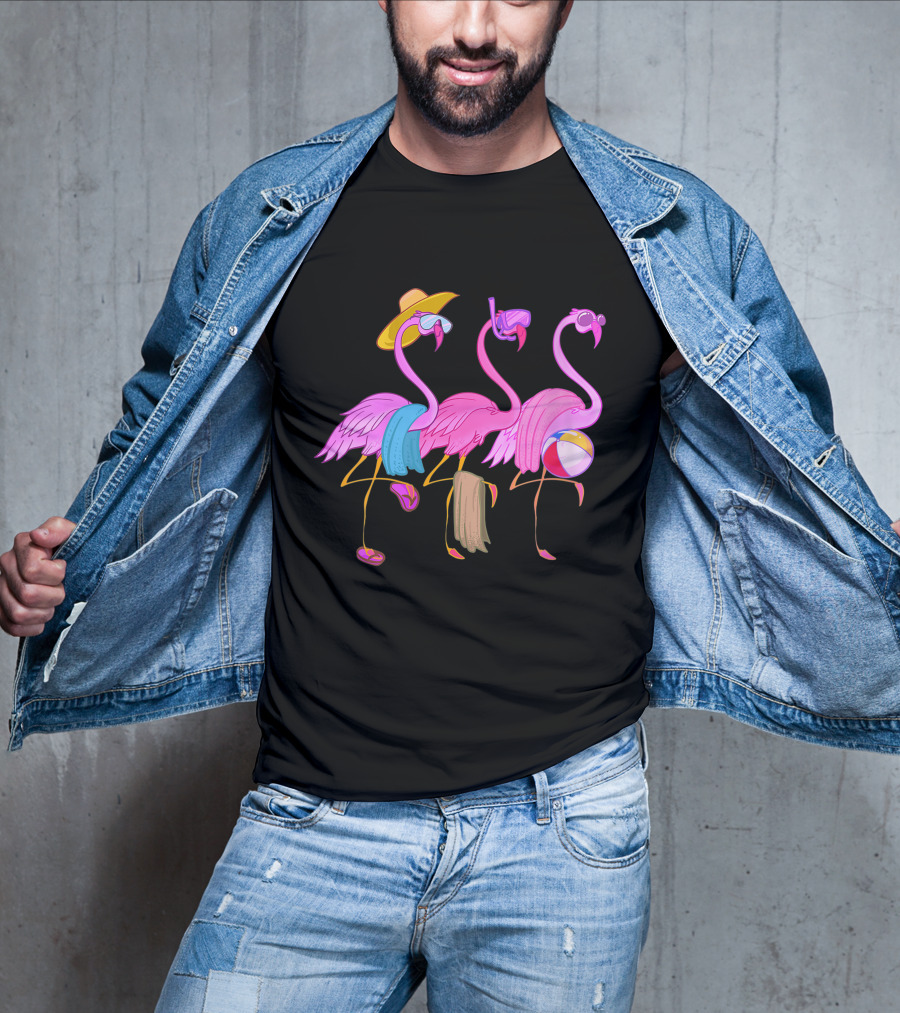 Funny Beach Flamingos Towels Cool Summer Bird Fan With Hat And Beach Ball T-Shirt