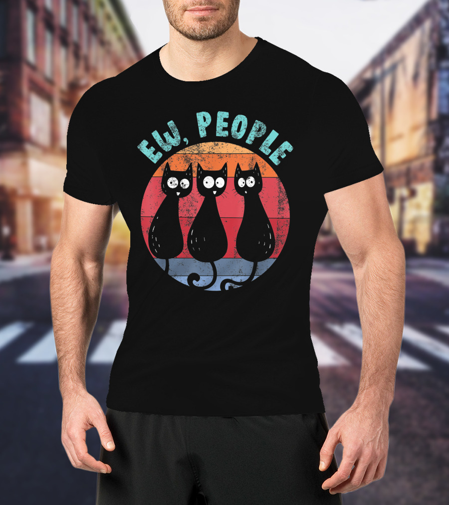 Ew People Three Funny Cats Retro Sunset Circle T-Shirt