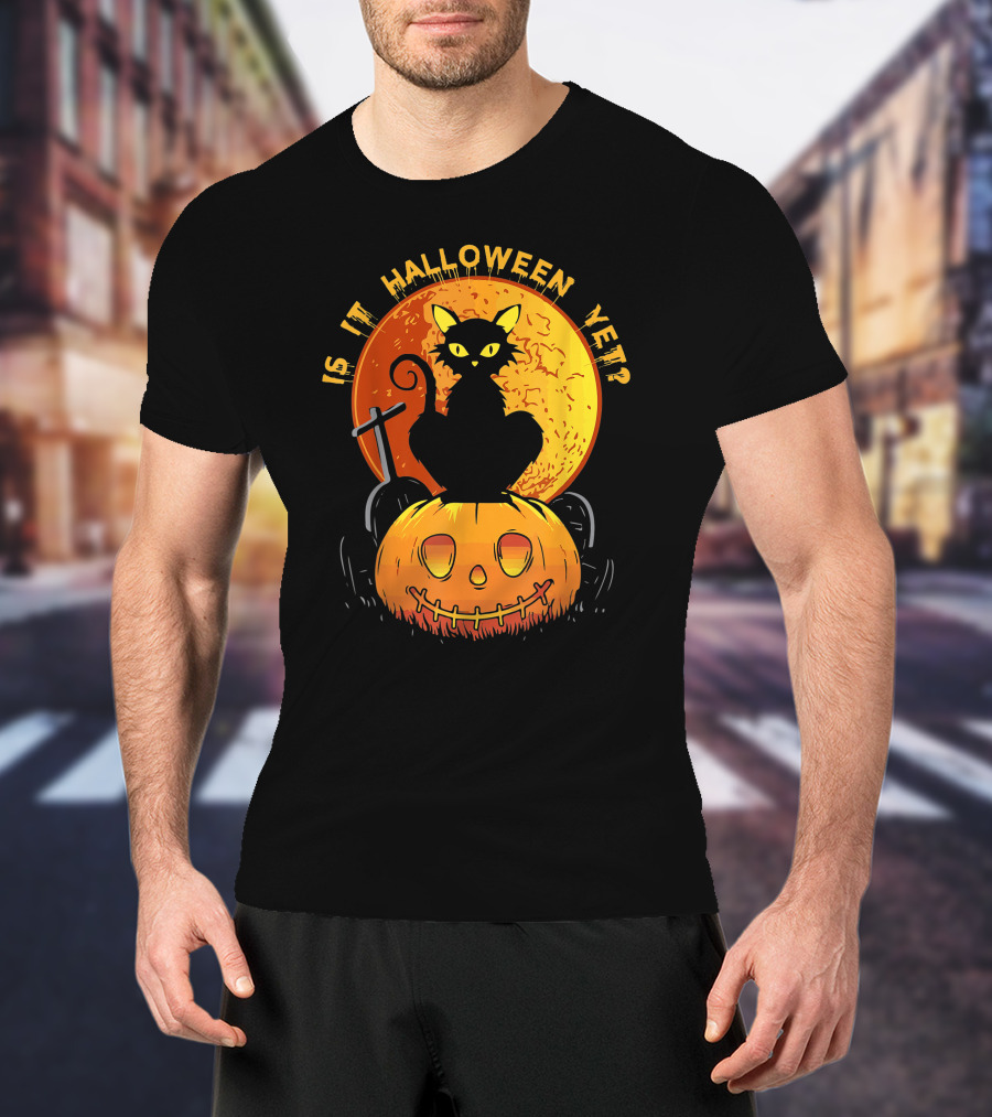 Is It Halloween Yet Funny Cat Pumpkin With Full Moon And Witch's Broom T-Shirt