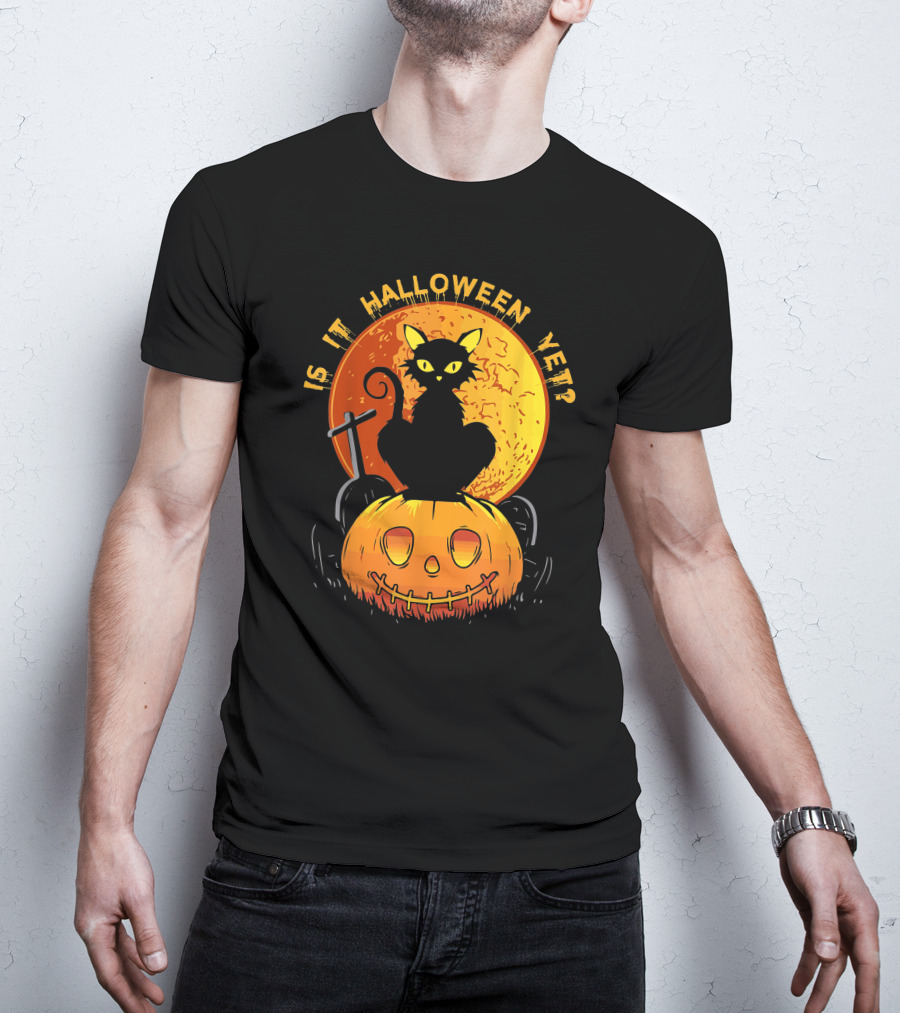 Is It Halloween Yet Funny Cat Pumpkin With Full Moon And Witch's Broom T-Shirt
