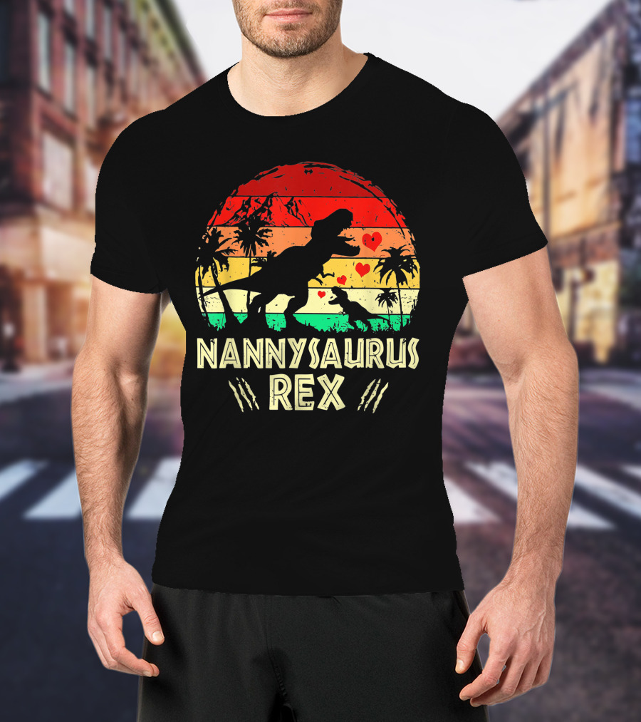 Nannysaurus Rex Dinosaur Sunset Hearts T-Shirt