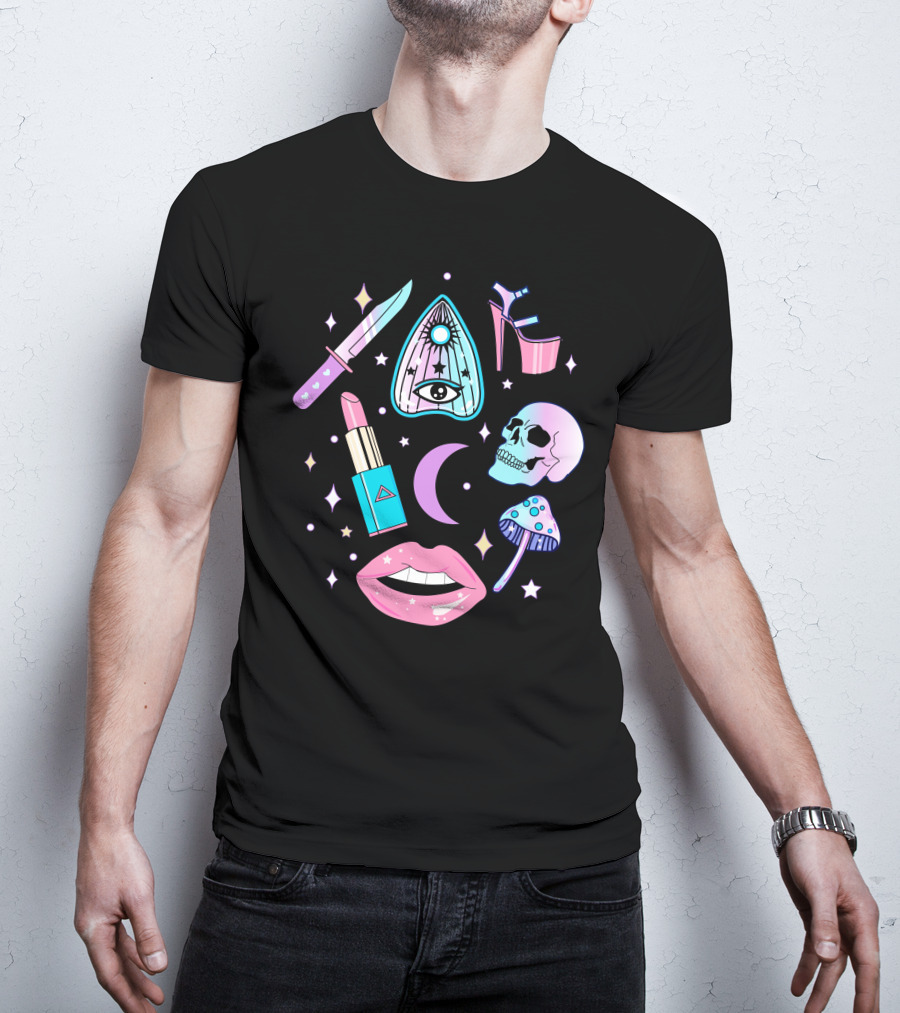 Pastel Goth Kawaii Witch Creepy Knife Skull Lipstick Moon Stars Mushroom Heels Ouija T-Shirt