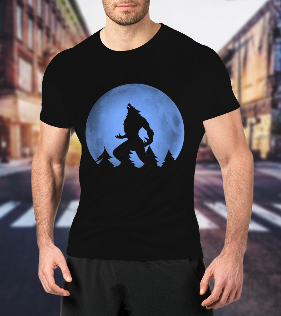 Werewolf Silhouette Howling At Full Blue Moon With Forest Background T-Shirt