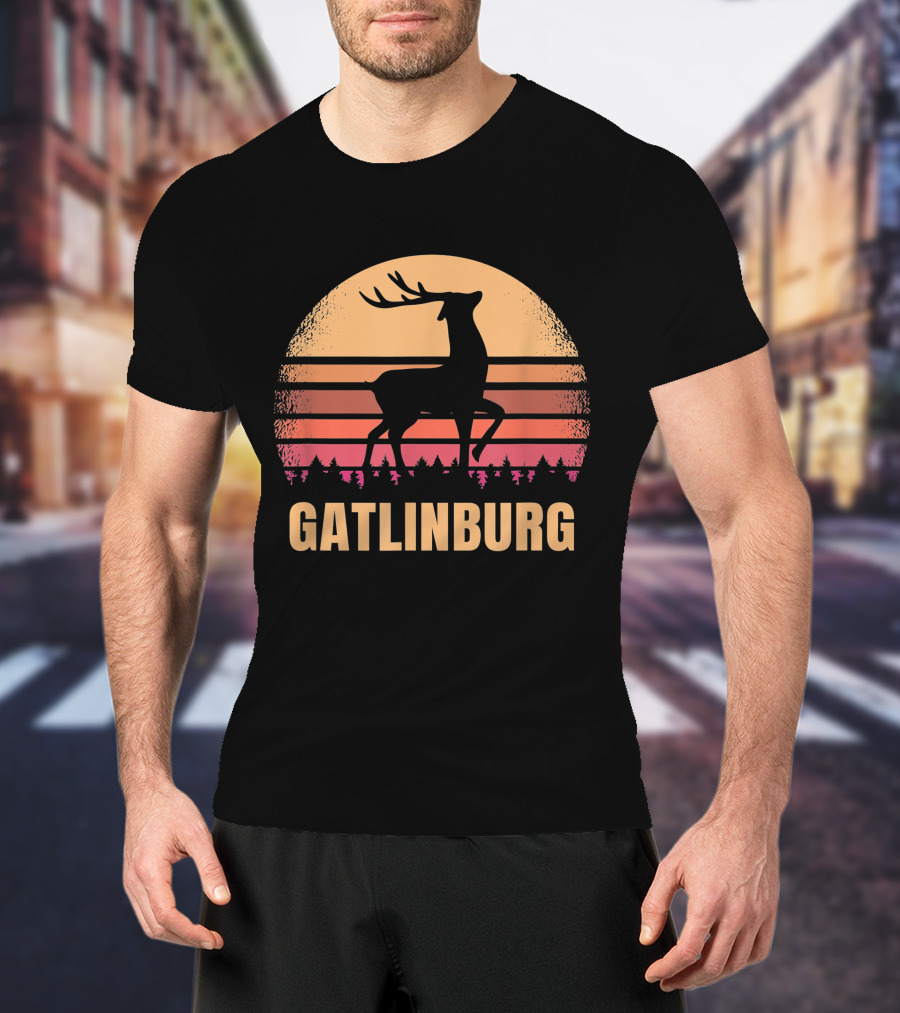 Gatlinburg Tennessee Vintage Deer Silhouette With Distressed Sunset Background T-Shirt