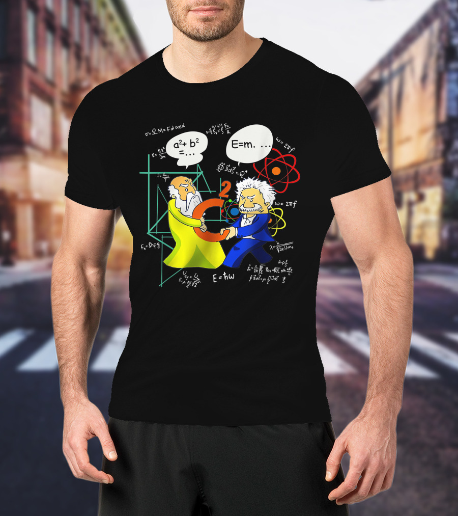 Pythagoras Einstein Battle Funny Science Equations Showdown T-Shirt
