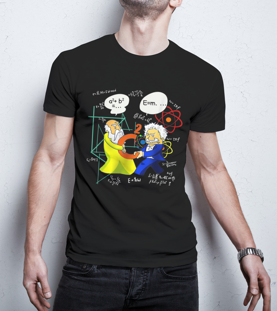 Pythagoras Einstein Battle Funny Science Equations Showdown T-Shirt