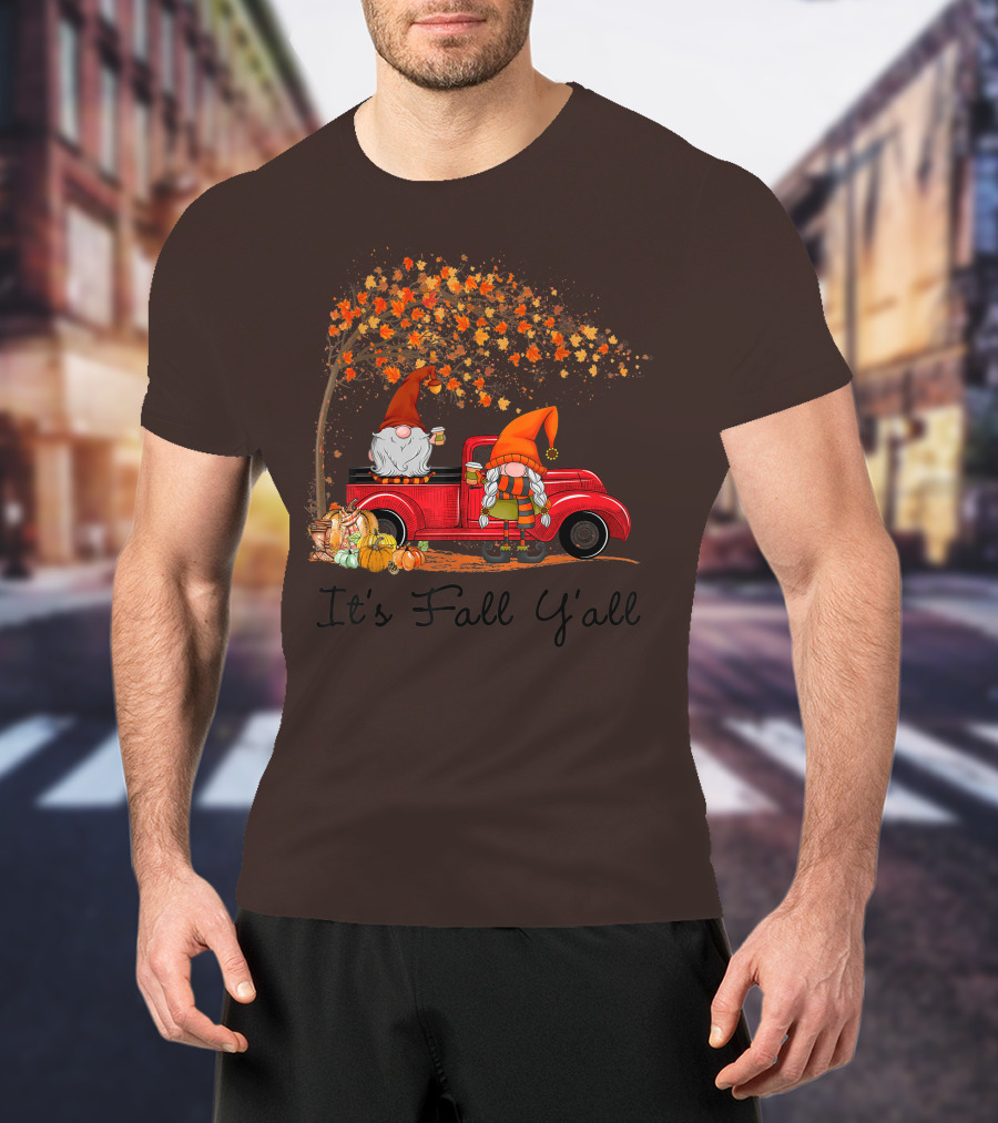 It's Fall Y'all Cute Gnomes Pumpkin Autumn Tree Fall Leaves Red Truck T-Shirt