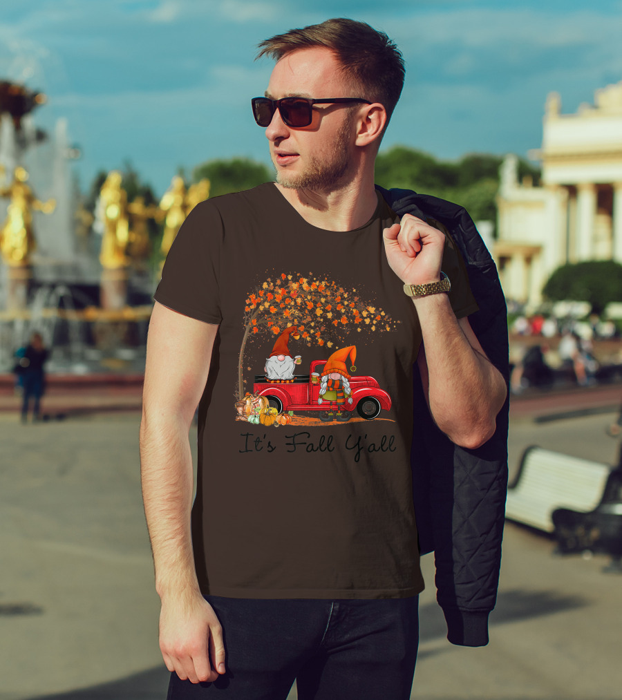 It's Fall Y'all Cute Gnomes Pumpkin Autumn Tree Fall Leaves Red Truck T-Shirt