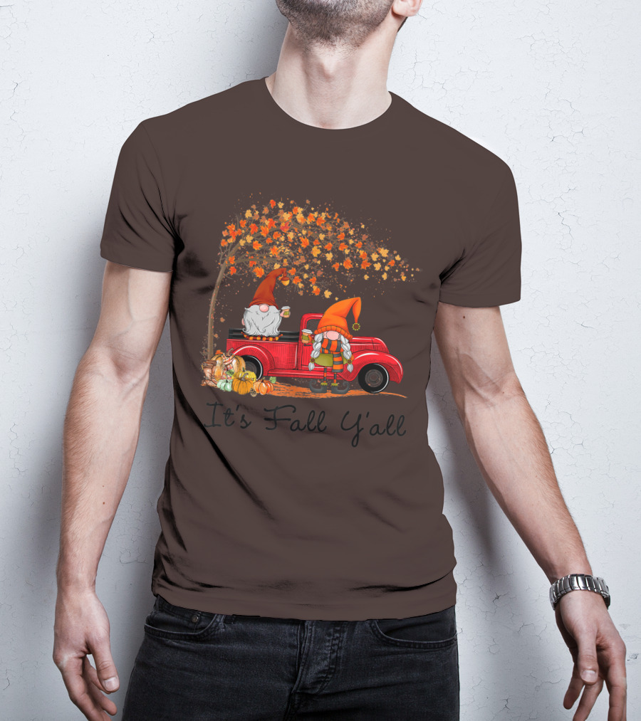 It's Fall Y'all Cute Gnomes Pumpkin Autumn Tree Fall Leaves Red Truck T-Shirt