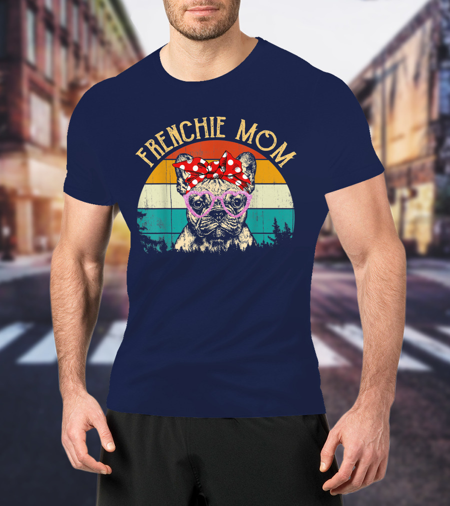 Frenchie Mom Retro Sunset Heart Glasses Bow T-Shirt
