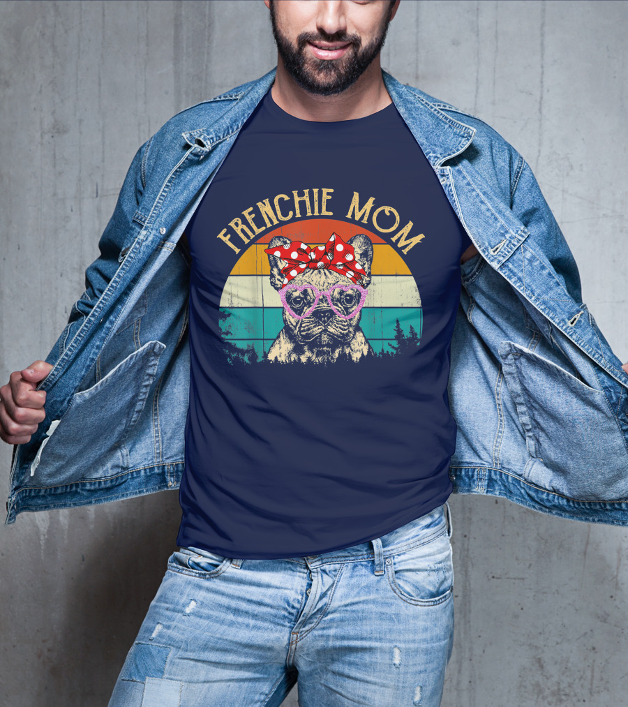 Frenchie Mom Retro Sunset Heart Glasses Bow T-Shirt