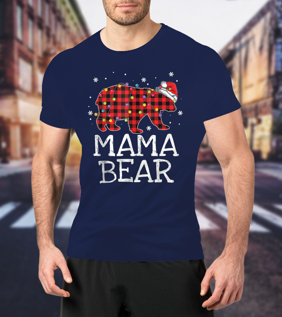 Mama Bear Red Plaid Christmas Lights Santa Hat Snowflakes T-Shirt